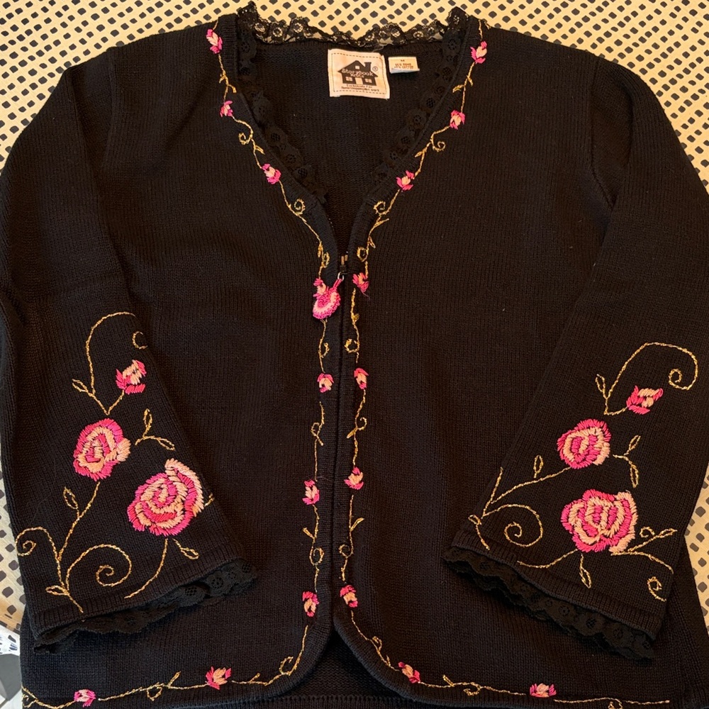 Storybook Knits Black Zip-up with Pink Floral Embroidery
